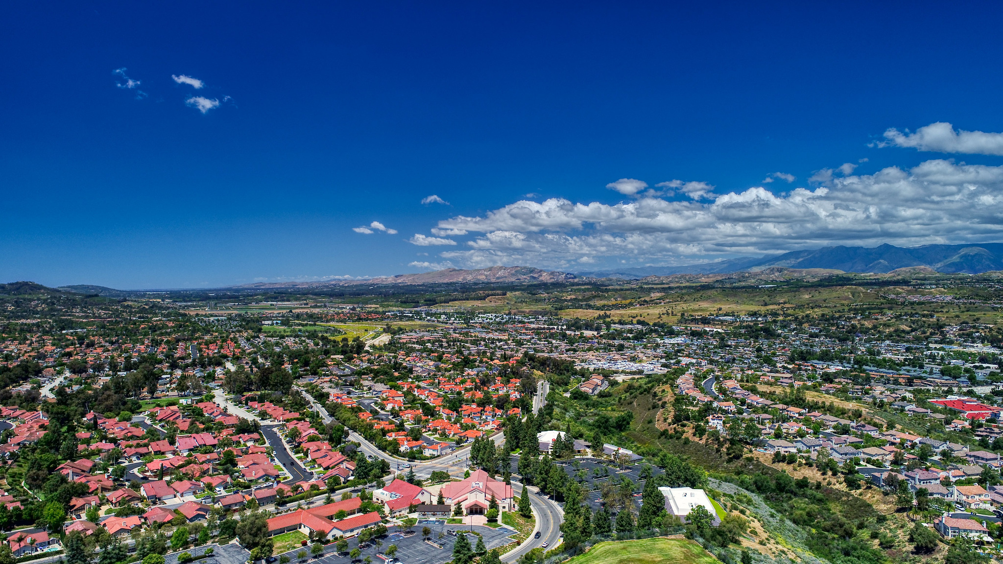 Aerial view of Moorpark neighborhoods and the surrounding hills